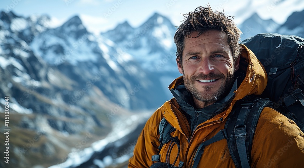 A man with a backpack is smiling in front of a mountain A man with a backpack is smiling in front of a mountain