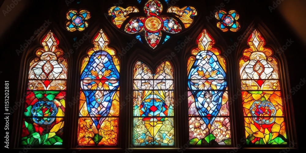 Fototapeta premium Intricate stained glass window design showcasing vibrant colors and detailed craftsmanship in an old church, highlighting the beauty and artistry of stained glass window creations.