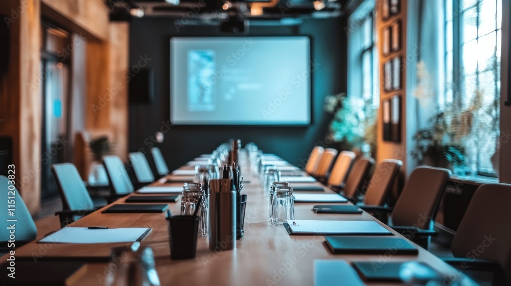Conference room setup with projector screen, neatly arranged chairs, and a cinematic tone Conference room setup with projector screen, neatly arranged chairs, and a cinematic tone