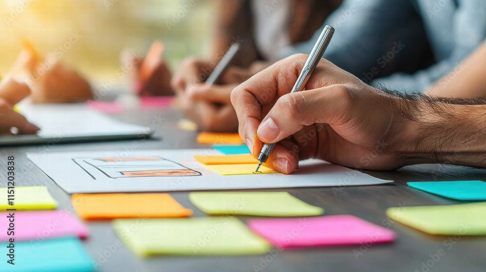 Business meeting note paper. Collaborative brainstorming with sticky notes and sketches on a table. Business meeting note paper. Collaborative brainstorming with sticky notes and sketches on a table.