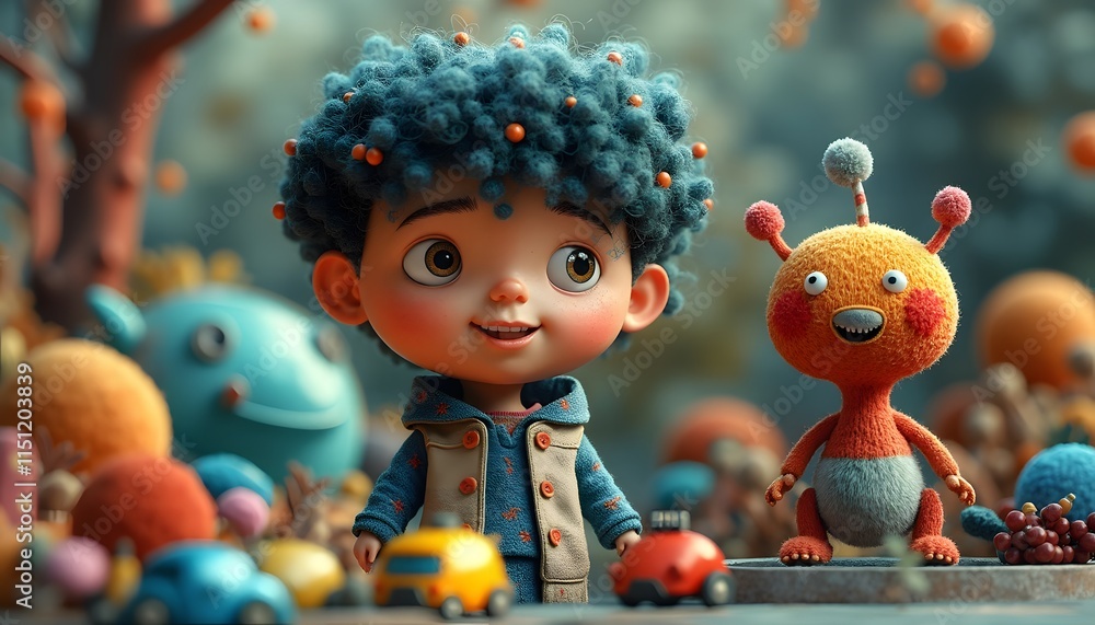 Cute Boy and Alien Friend D Render Cute Boy and Alien Friend D Render