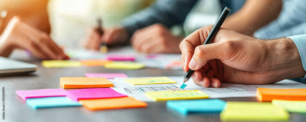 Business meeting note paper. Collaborative brainstorming session with sticky notes and sketches.