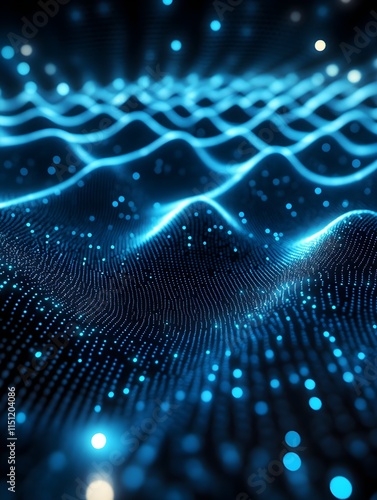 A futuristic digital grid with glowing blue nodes on a dark background, creating depth and intrigue.