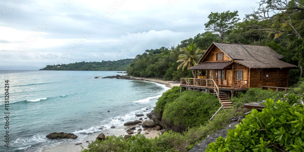 Exterior view wooden house on seashore, calm ocean breeze whispers Exterior view wooden house on seashore, calm ocean breeze whispers