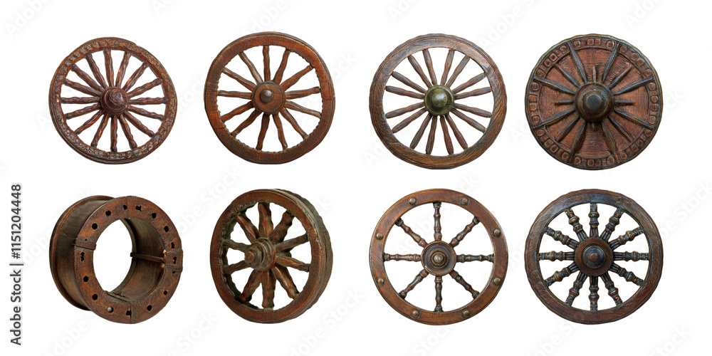 Fototapeta premium Vintage Wooden Wheels Display on Transparent Background, PNG collection, set bundle, isolate on transparent or white background