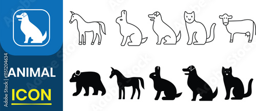 Set of animals icons vector. Animals silhouette collection. Zoo icons editable stroke, nature, mammals, web and zoology infographic. Vector illustration of animal.