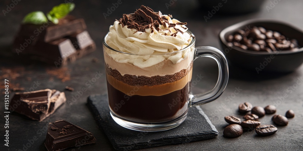 Layered dessert featuring coffee and chocolate elegantly presented in a glass mug, showcasing delightful textures and flavors of this irresistible coffee and chocolate creation. Layered dessert featuring coffee and chocolate elegantly presented in a glass mug, showcasing delightful textures and flavors of this irresistible coffee and chocolate creation.