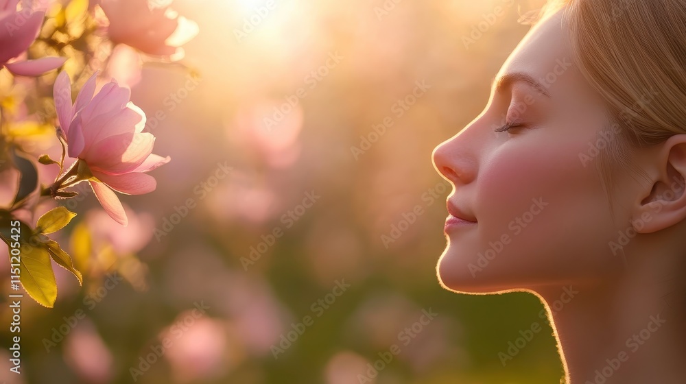 Fototapeta premium Serene Woman Amidst Blooming Flowers at Sunset