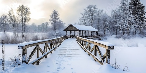 Snow-Covered Bridge Over a River: A charming wooden bridge covered in snow, spanning a gently flowing river, with snow-covered trees lining the banks.
