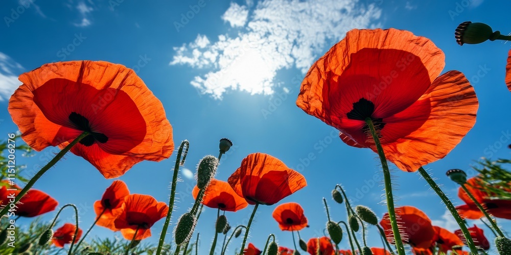 Obraz premium Vibrant corn poppy flowers Papaver rhoeas bloom in a meadow under a sunny blue sky. This low angle view highlights the striking red of the corn poppy, offering stunning detail and copy space.