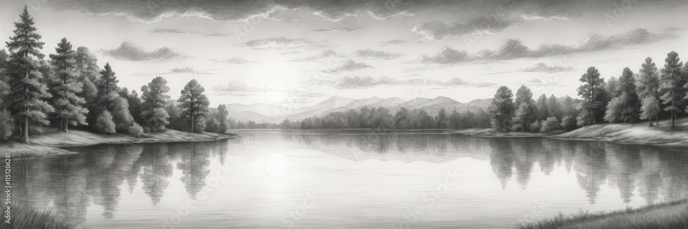 Fototapeta premium Serene Lake Landscape With Majestic Mountain Range And Trees