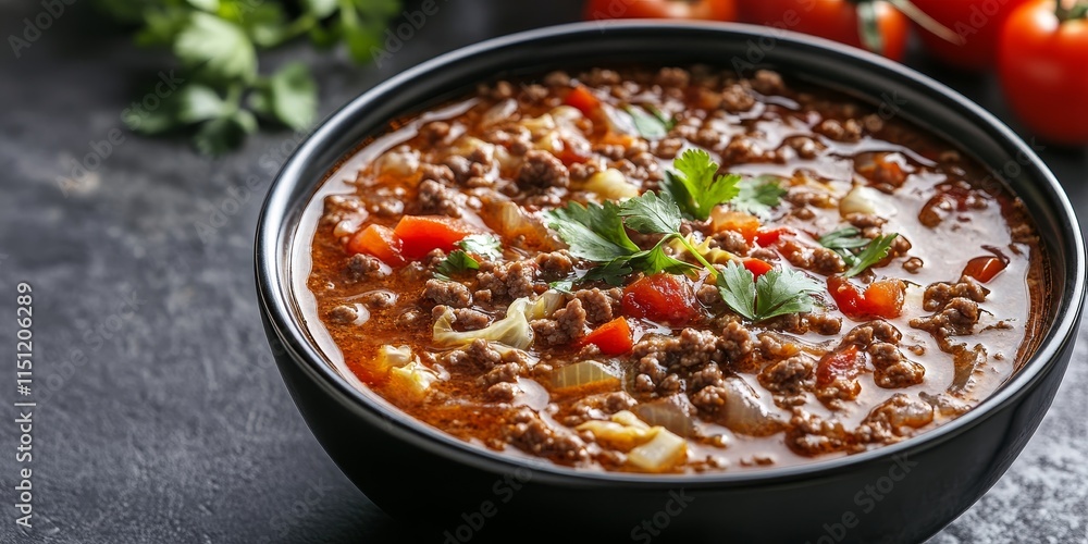 Delicious ground beef cabbage soup featuring hamburger, red pepper, onion, tomatoes, and fresh coriander in a black bowl on a concrete surface, showcasing an American recipe in a vertical close up Delicious ground beef cabbage soup featuring hamburger, red pepper, onion, tomatoes, and fresh coriander in a black bowl on a concrete surface, showcasing an American recipe in a vertical close up