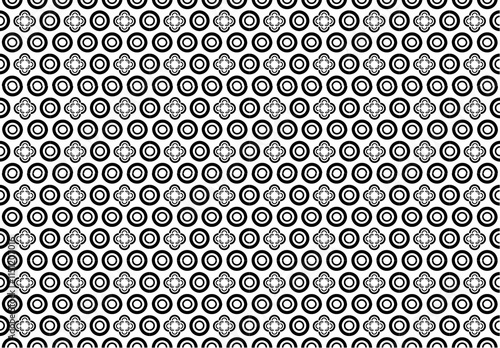 Monochrome Retro Harmony :seamless black-and-white pattern combining circular and floral-inspired geometric elements. ideal for wallpapers, fabric prints, stationery, and digital backdrops
