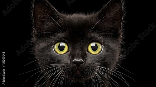 Close-up of a black kitten with bright yellow eyes against a black background.