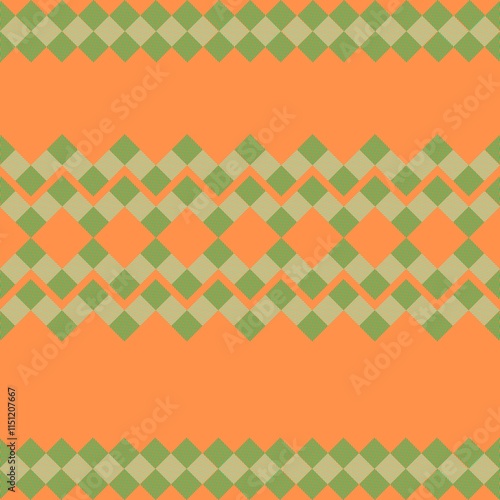 Earthy Chevron Harmony : vibrant geometric pattern featuring diagonal chevron shapes in green tones over a warm orange background. Ideal for textiles, home decor, or digital applications,
