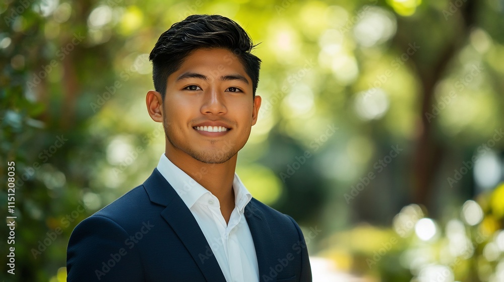 A confident young man in a suit smiles outdoors, surrounded by greenery. A confident young man in a suit smiles outdoors, surrounded by greenery.