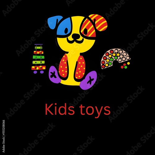 Red blue yellow illustration with kis toys logo photo