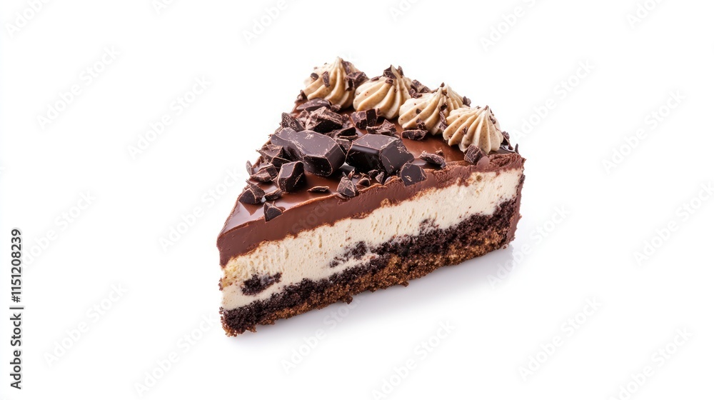 A delicious slice of chocolate cream cake with decorative toppings. A delicious slice of chocolate cream cake with decorative toppings.