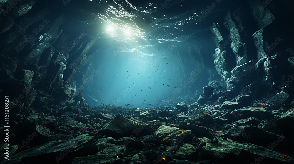 Obraz premium Underwater Cave, Dramatic Deep Sea Scene