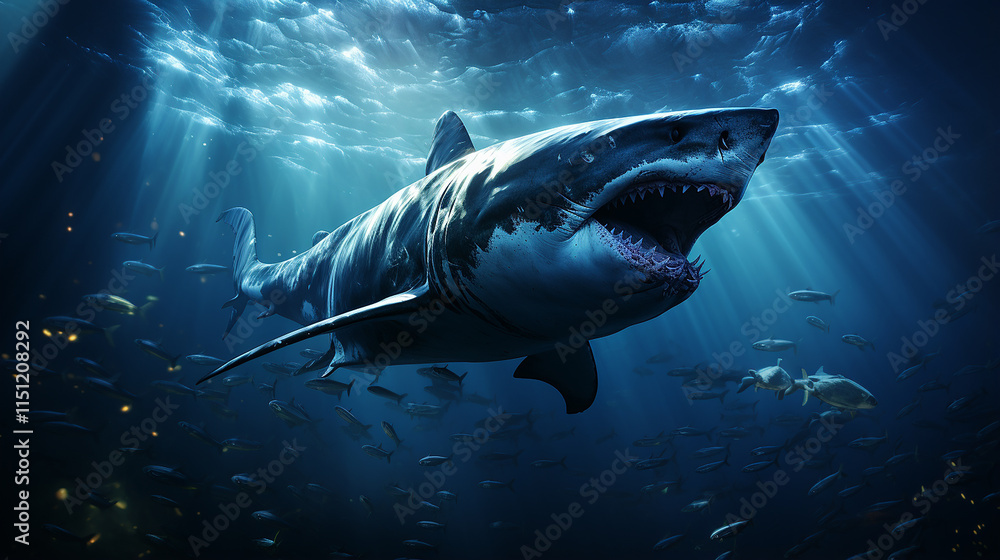 Naklejka premium Shark Hunting Prey in Deep Ocean Depths