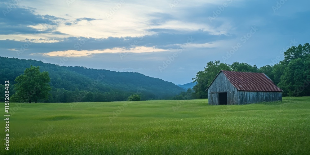 Serene country barn situated in a lush green field during dusk, showcasing the beauty of a country barn enveloped by the tranquility of a peaceful evening landscape. Serene country barn situated in a lush green field during dusk, showcasing the beauty of a country barn enveloped by the tranquility of a peaceful evening landscape.