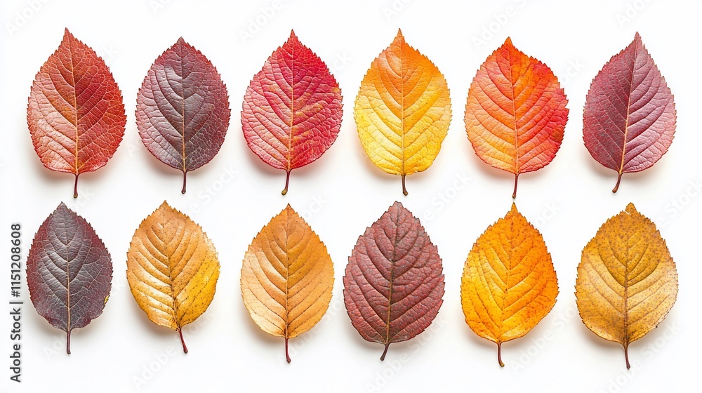 Colorful autumn leaves arranged in rows on white background. Colorful autumn leaves arranged in rows on white background.