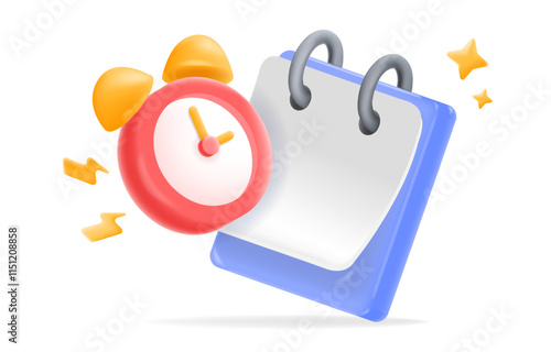 3d vector,  alarm clock and calendar for time management. reminders, scheduling apps, for productivity tools. planning efficiency, notification, and daily organization