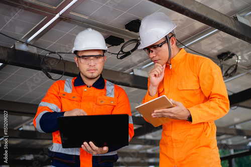 Electrical engineers are rigorously checking the circuitry and integrity of solar panel installations. photo