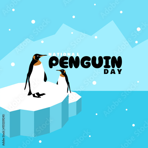 National Penguin Day to celebrate on January 20th. Illustration of two penguins on an ice floe in the sea. Animal event banner.