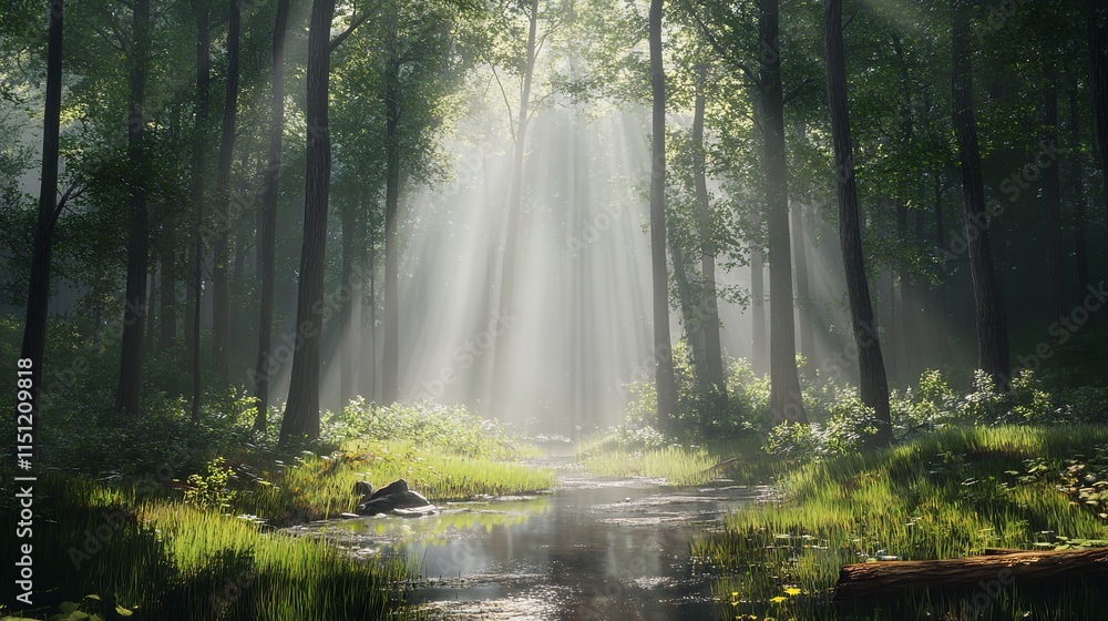 A peaceful river flowing through a tranquil forest A peaceful river flowing through a tranquil forest