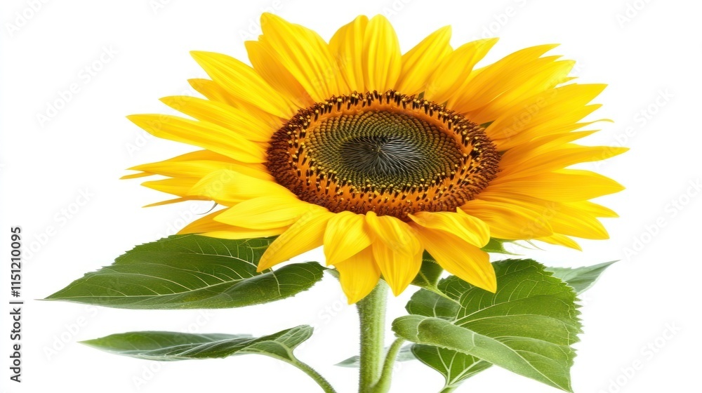 Obraz premium A vibrant sunflower with green leaves against a white background.