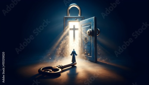 A key and door lock glow with light, symbolizing Jesus as the door and faith as the key.
