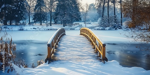 Snow-Covered Bridge Over a River: A charming wooden bridge covered in snow, spanning a gently flowing river, with snow-covered trees lining the banks.
