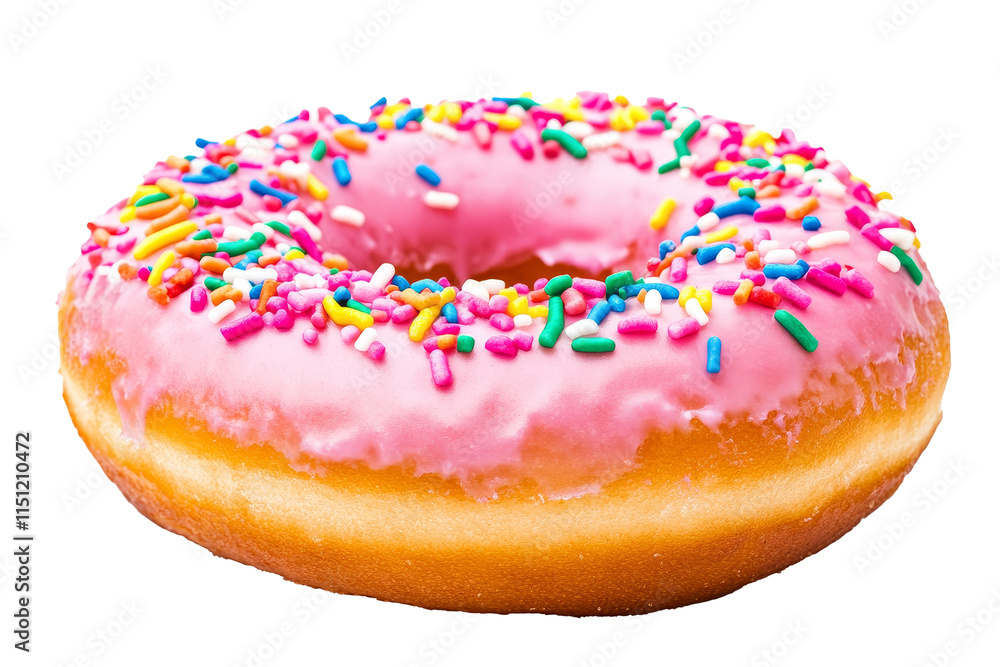Donut with pink frosting and colorful sprinkles isolated on transparent background. Donut with pink frosting and colorful sprinkles isolated on transparent background.