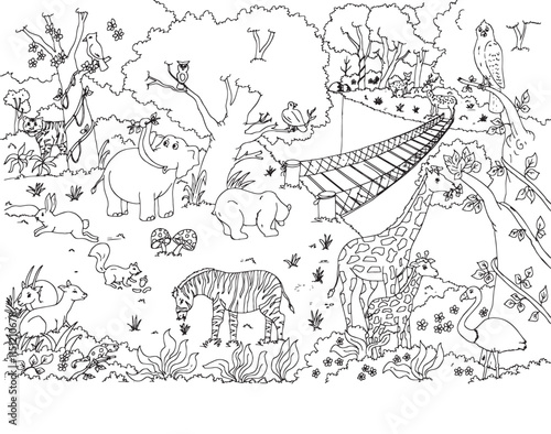 Cute cartoon hand drawn vector animals in jungle coloring page.