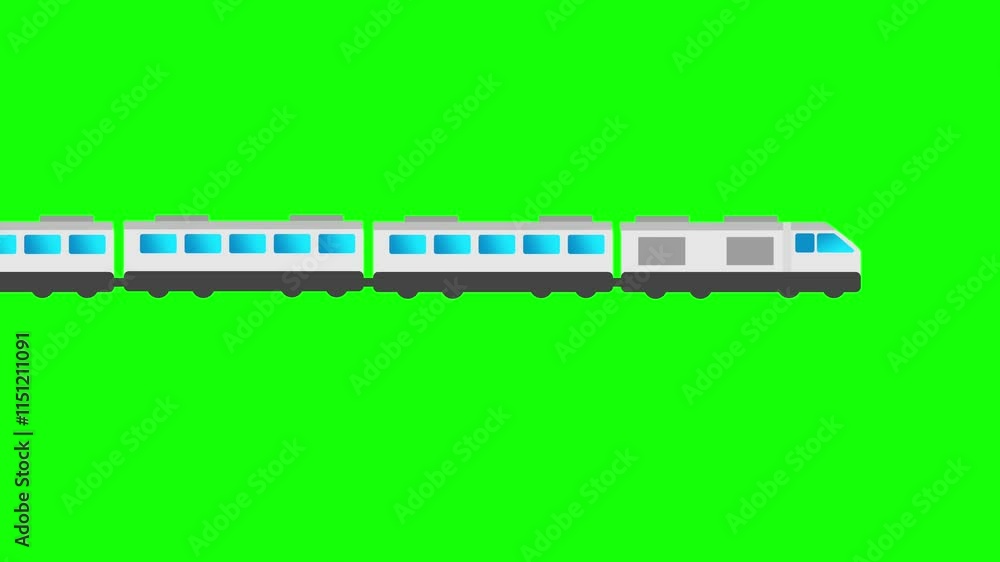 Animation of train with multiple carriages, depicted in white and blue against a bright green background, representing modern transportation. Animation of train with multiple carriages, depicted in white and blue against a bright green background, representing modern transportation.