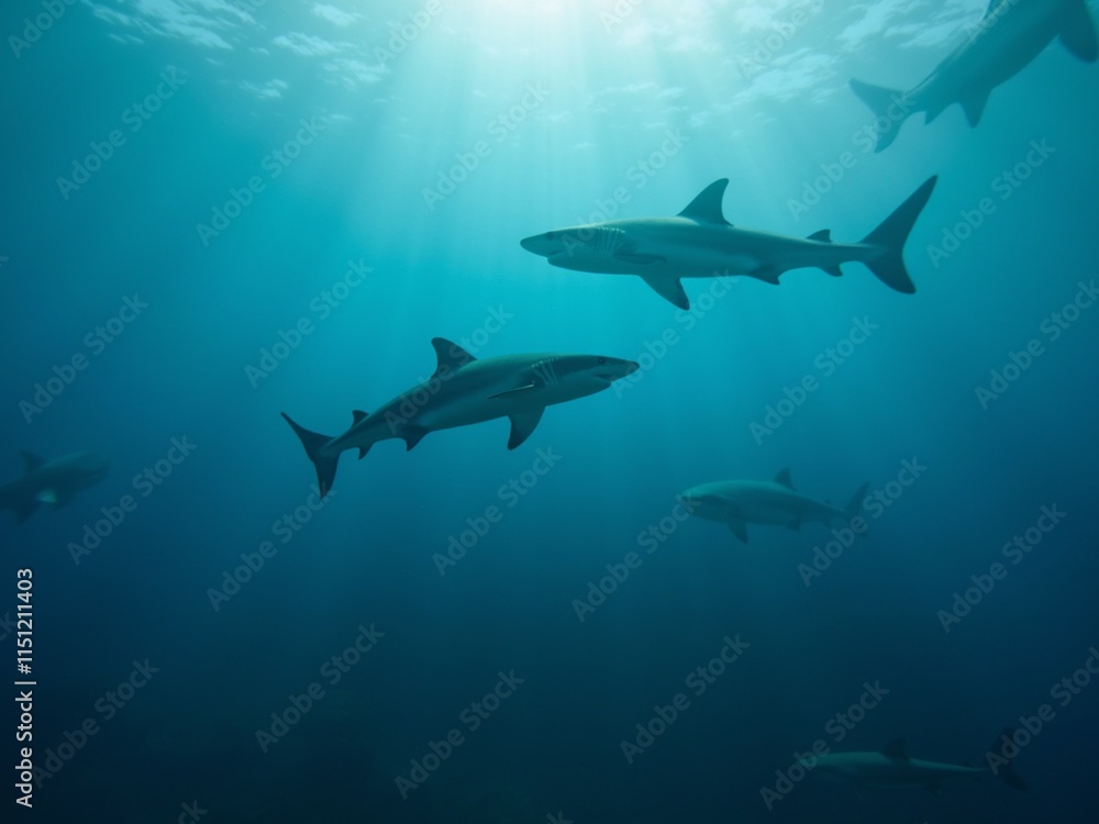 Obraz premium Spectacular underwater views feature sharks swimming gracefully among colorful coral reefs.