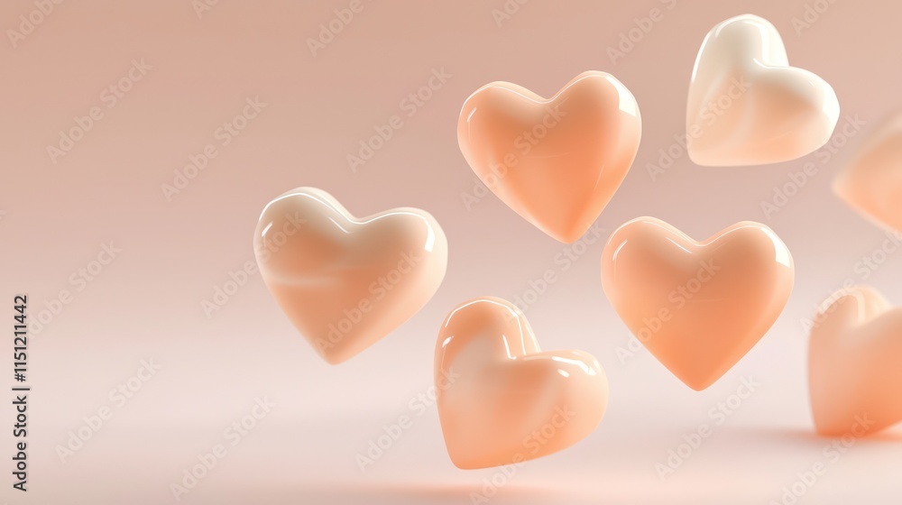 Fototapeta premium Soft peach hearts gently floating on a gradient background, creating a peaceful visual.