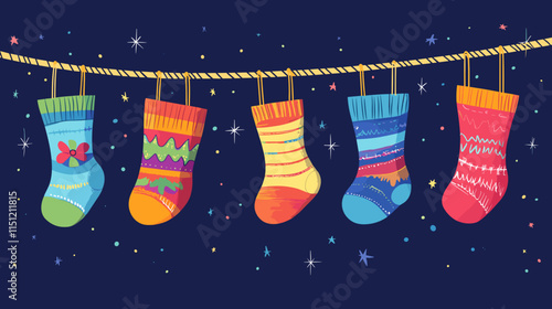 World Down syndrome day banner. Different colorful odd socks hanging on the rope as a symbol for WDSD. Vector illustration.