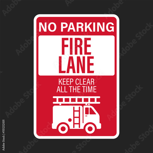 Red fire lane sticker label sign: Fire Department, No Parking, for emergency vehicle access and safety