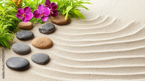 Serene arrangement of stones and flowers in raked sand, evoking tranquility and nature. photo