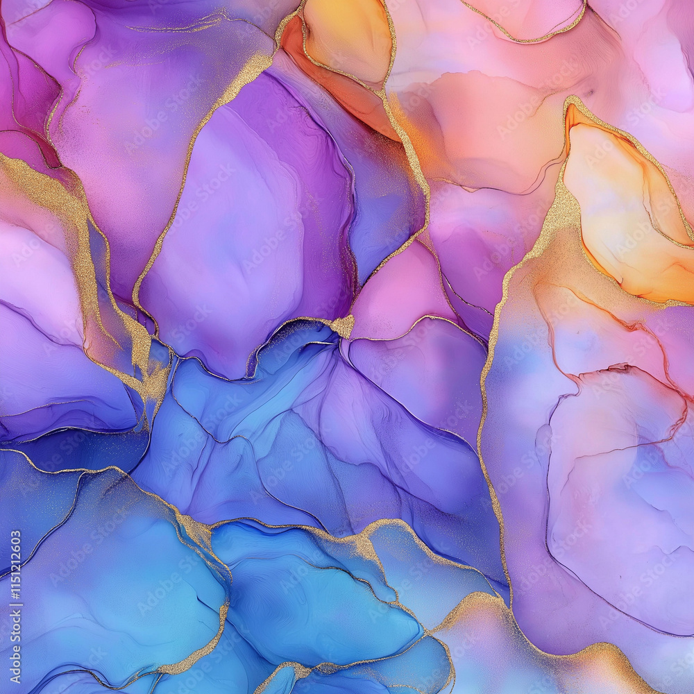 A breathtaking alcohol ink background that captivates with a harmonious blend of pink, purple, blue, and gold tones. The swirling colors flow seamlessly across the canvas, creating an ethereal and flu