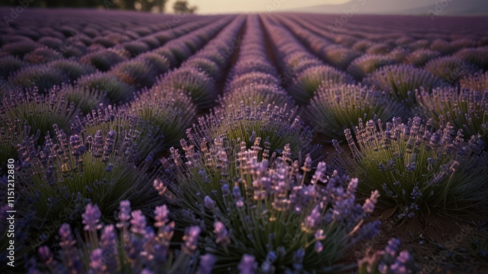Obraz premium Rows of Lavender Blooming in a Field at Sunset