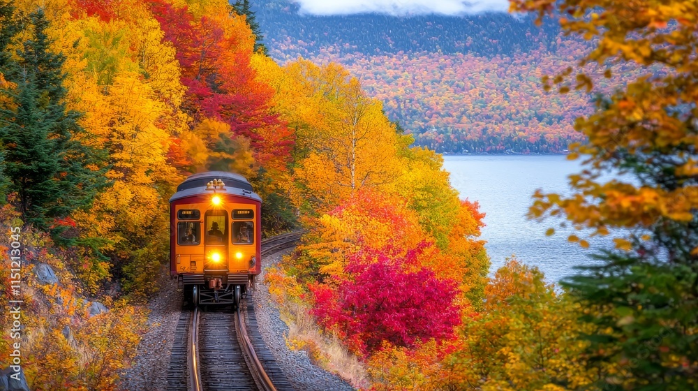 Obraz premium A scenic train travels through vibrant autumn foliage by a tranquil lake.