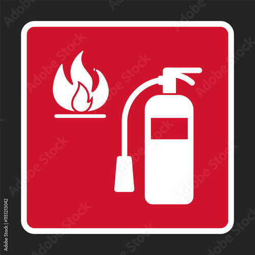 isolated glyph pictogram label of fire extinguisher, for safety firefight safety hazard sign with  fire, flame symbol