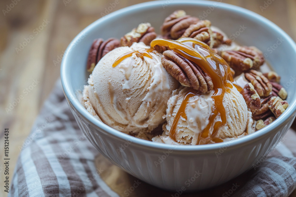 A cozy dessert scene with a bowl of cinnamon and caramel ice cream, topped with warm caramel drizzle and roasted pecans, comforting and indulgent A cozy dessert scene with a bowl of cinnamon and caramel ice cream, topped with warm caramel drizzle and roasted pecans, comforting and indulgent