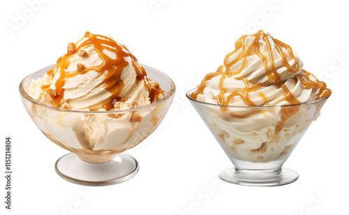 Creamy dulce de leche ice cream served in elegant glass bowls, topped with rich caramel sauce, isolated transparent background PNG cutout.