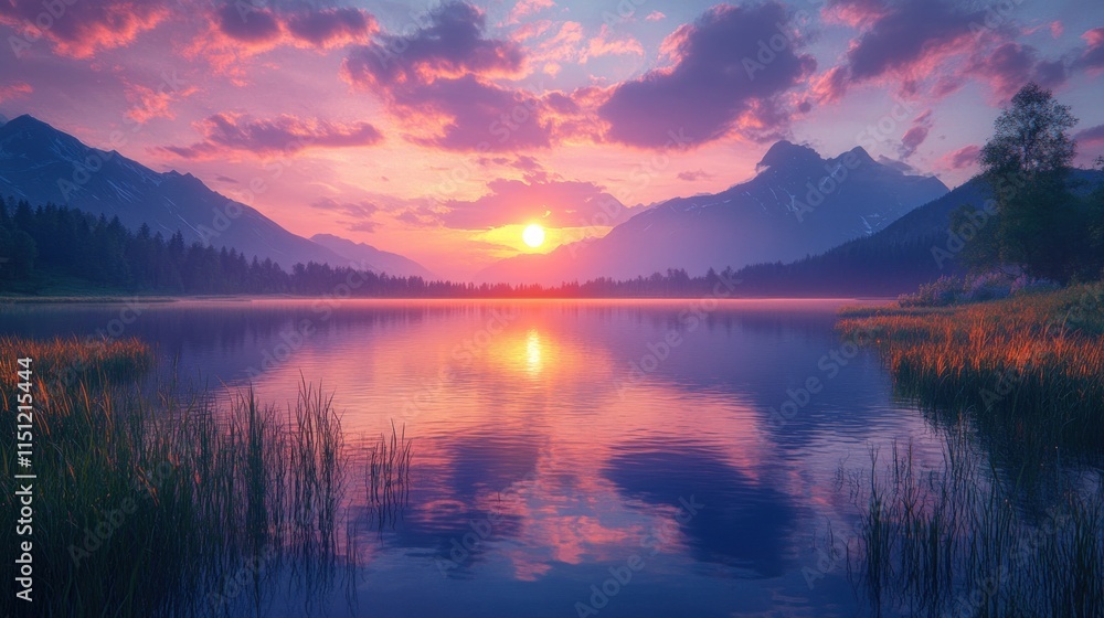 Fototapeta premium Sunset over serene mountain lake reflecting sky.
