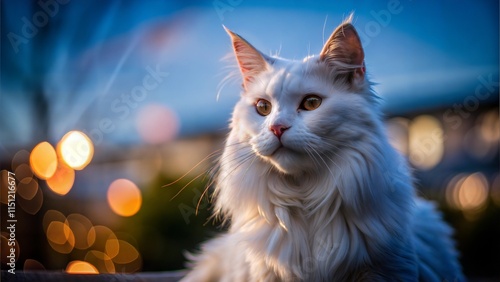 Portrait White Maine Coon sit playful outdoor night time bokeh effect