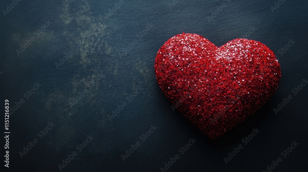 A glittery red heart on a dark background, symbolizing love. A glittery red heart on a dark background, symbolizing love.